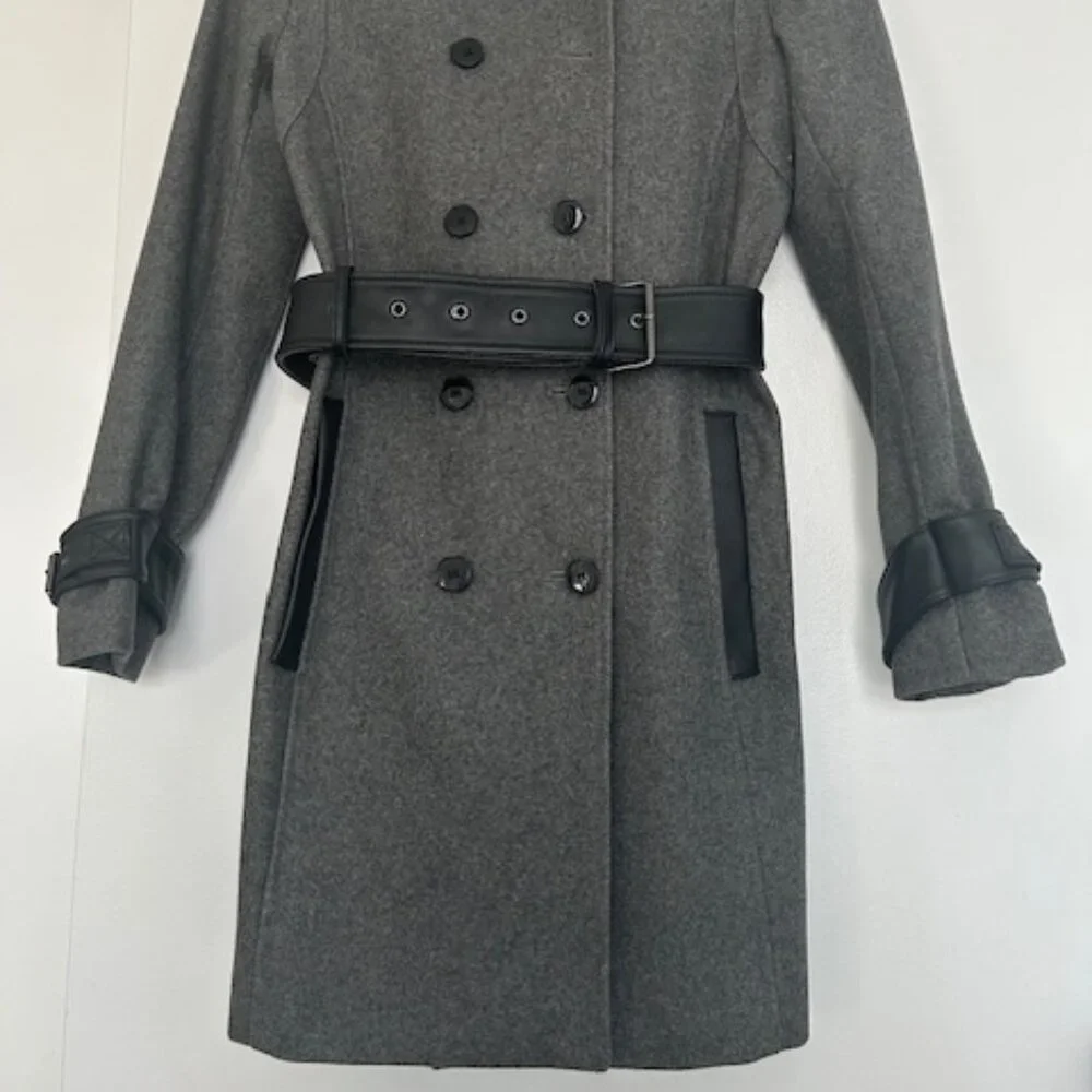 Kooples Grey Wool Blend Trench Coat with leather details - Picture 7 of 11